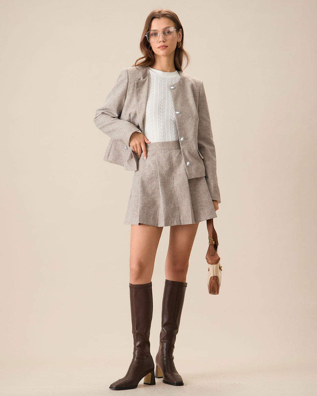 Jupe Mini Plissée Kaki avec Poches