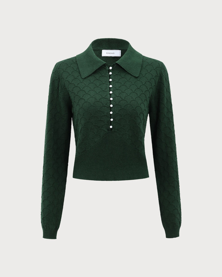 Le Haut Texturé Tricot à Côtes Vert Foncé