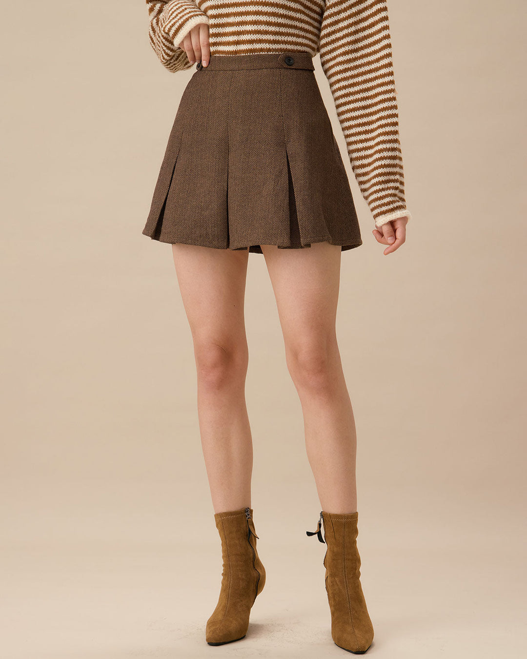 Jupe Mini Plissée Rayée Marron