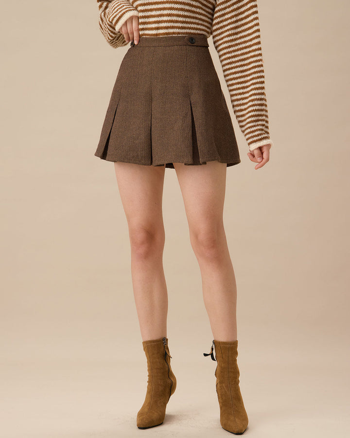 Jupe Mini Plissée Rayée Marron