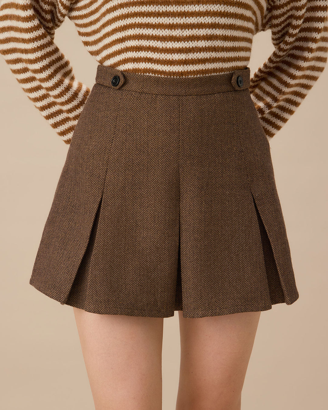 Jupe Mini Plissée Rayée Marron