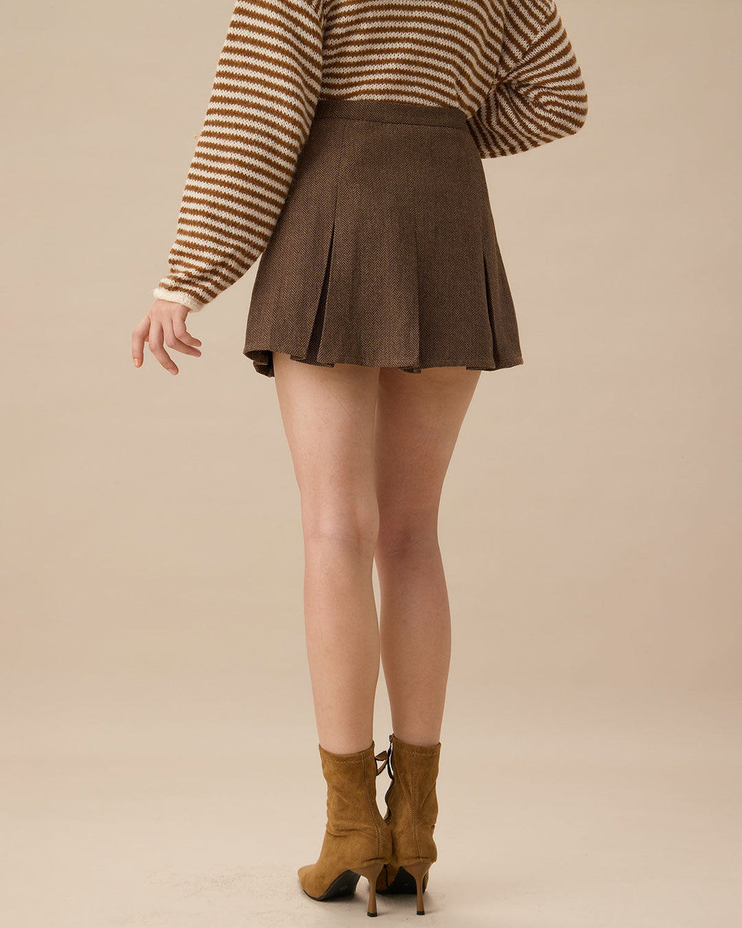 Jupe Mini Plissée Rayée Marron