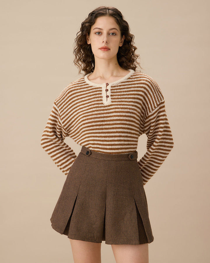 Jupe Mini Plissée Rayée Marron
