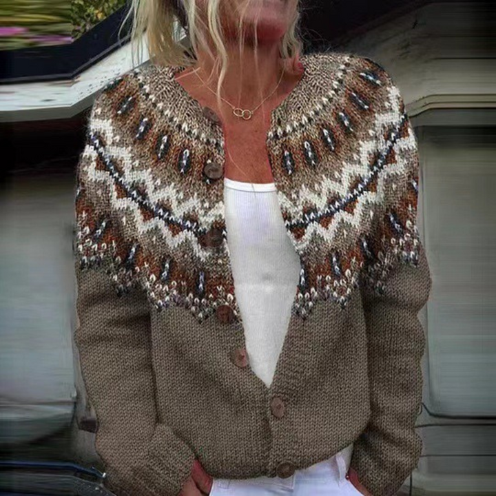 Flavie Cardigan – Maille jacquard aux tons terre