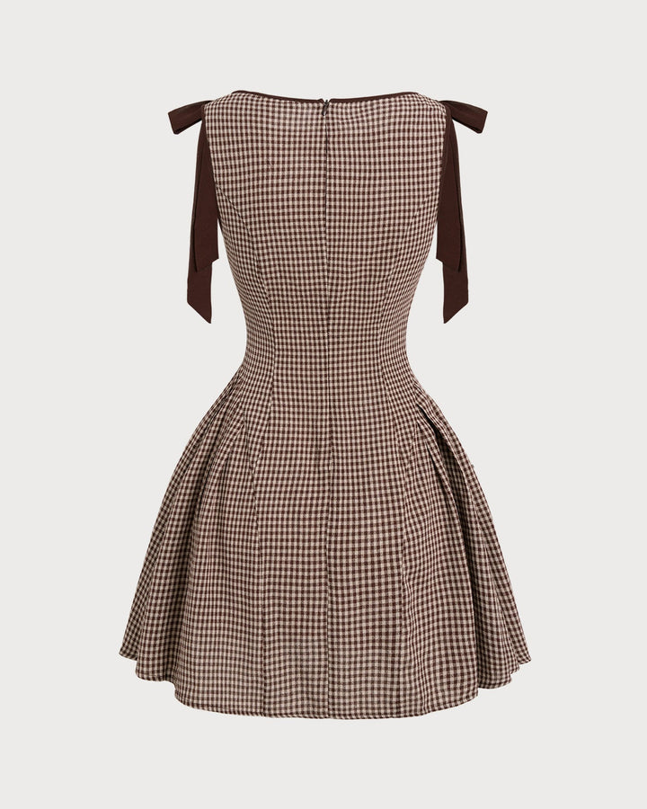 Robe Mini à Bretelles en Vichy Marron