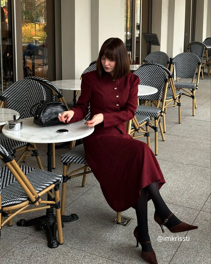 Veste en Tweed Retro Bourgogne à Simple Boutonnage