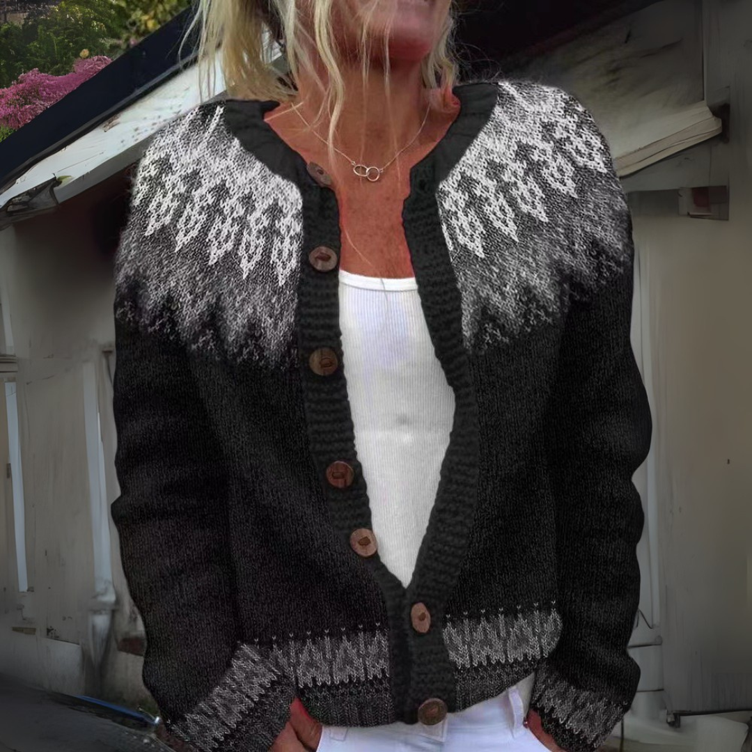 Clémence Cardigan – Maille nordique noir et gris