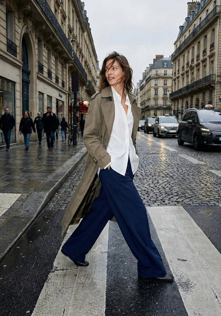 PANTALON DROIT TAILLE HAUTE À PLIS MARQUÉS