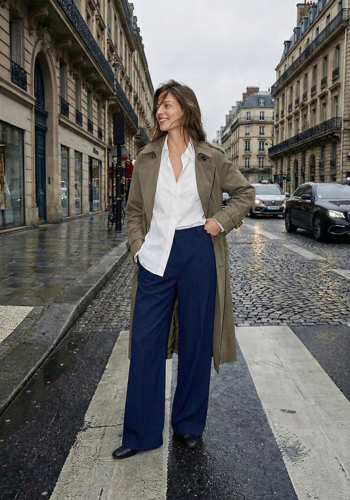 PANTALON DROIT TAILLE HAUTE À PLIS MARQUÉS