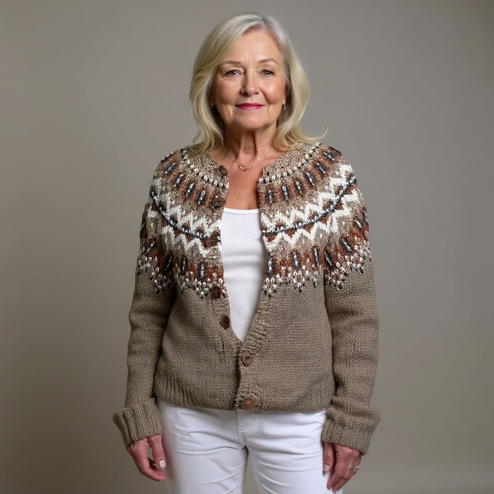 Flavie Cardigan – Maille jacquard aux tons terre