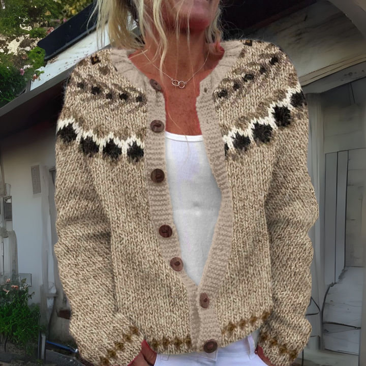 Anaëlle Cardigan – Maille folk beige et noire