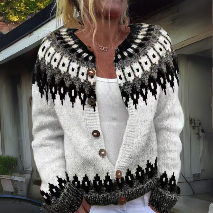 Bérénice Cardigan – Maille folk noir et écru