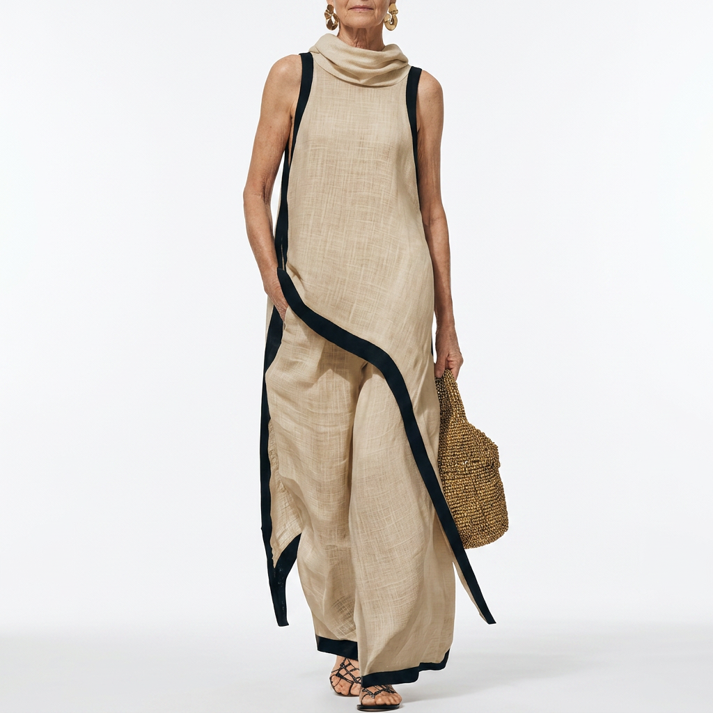 Angélique™ — Robe longue bicolore liseré contraste élégance minimaliste