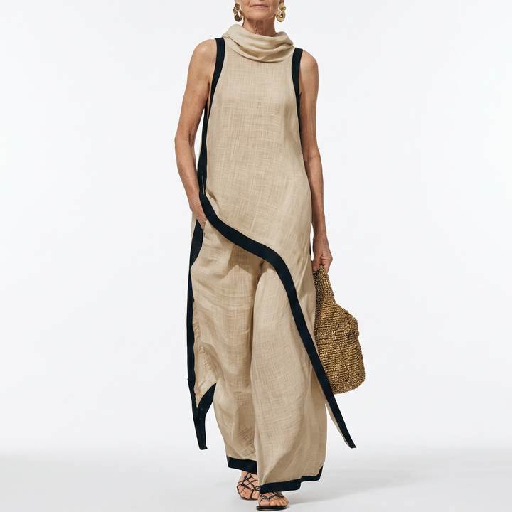 Angélique™ — Robe longue bicolore liseré contraste élégance minimaliste