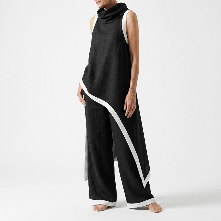 Angélique™ — Robe longue bicolore liseré contraste élégance minimaliste