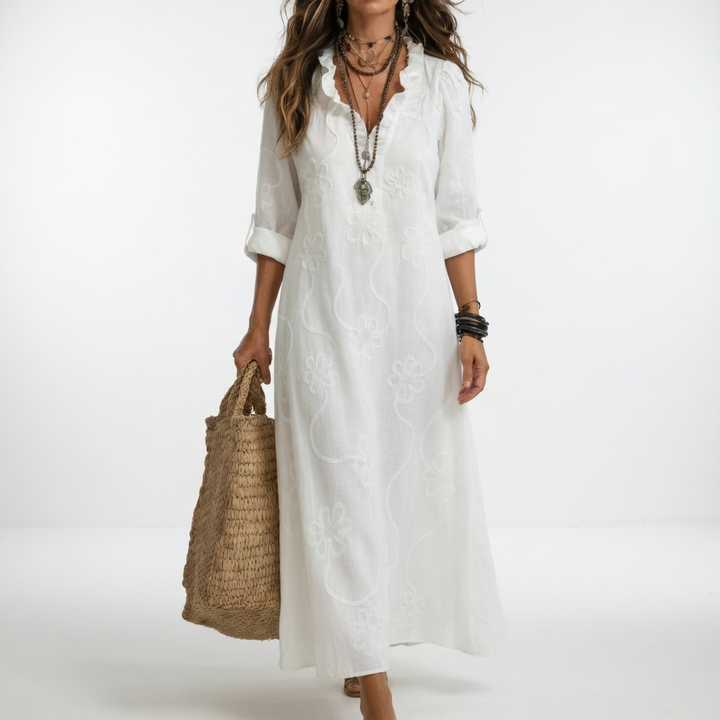 Clairette™ — Robe maxi chemise col V manches longues élégance intemporelle