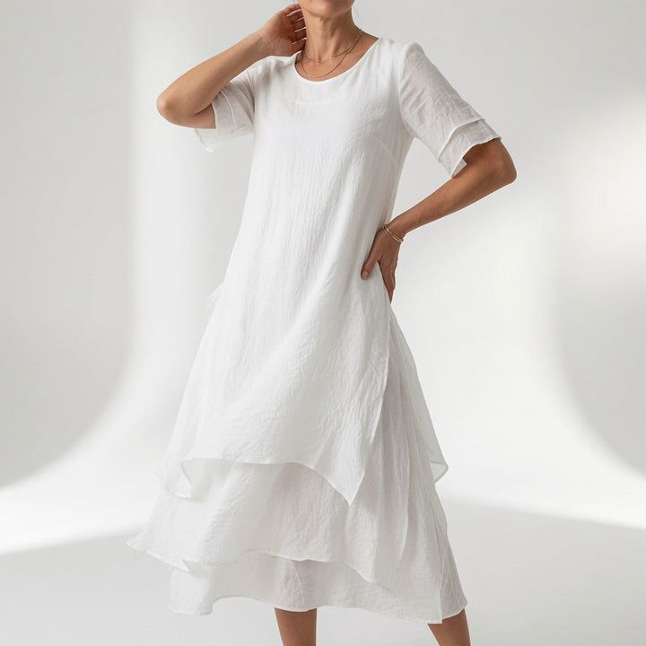 Stratéline™ — Robe midi superposée manches courtes ourlet asymétrique