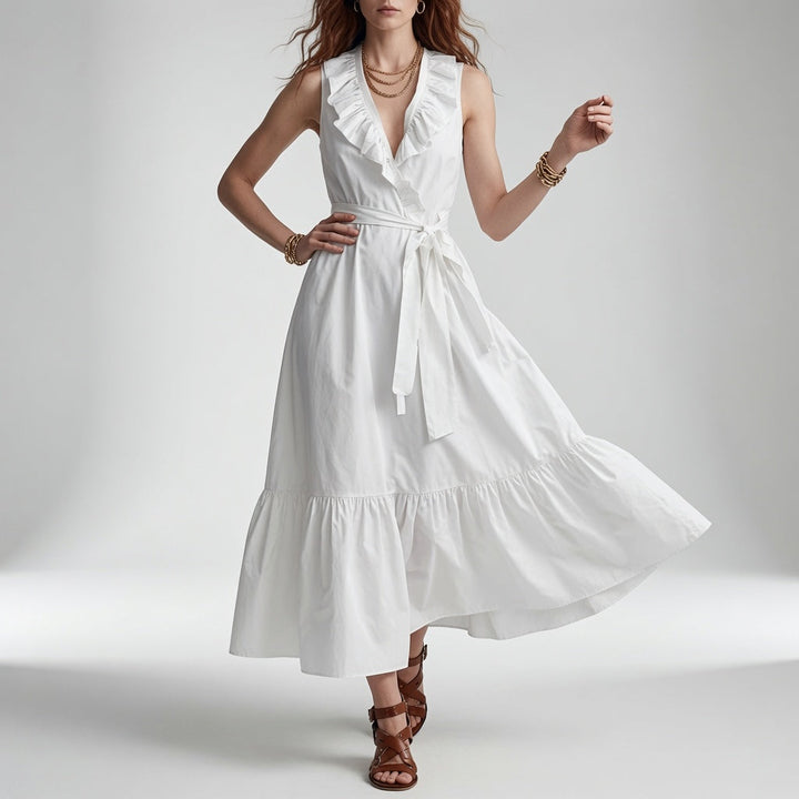 Frênaie™ — Robe maxi col V volants ceinture élégante