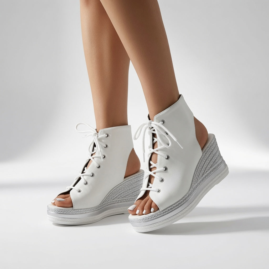 Lacéoline™ — Sneaker compensée bout ouvert lacets urbaine