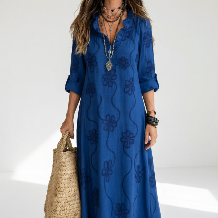 Clairette™ — Robe maxi chemise col V manches longues élégance intemporelle