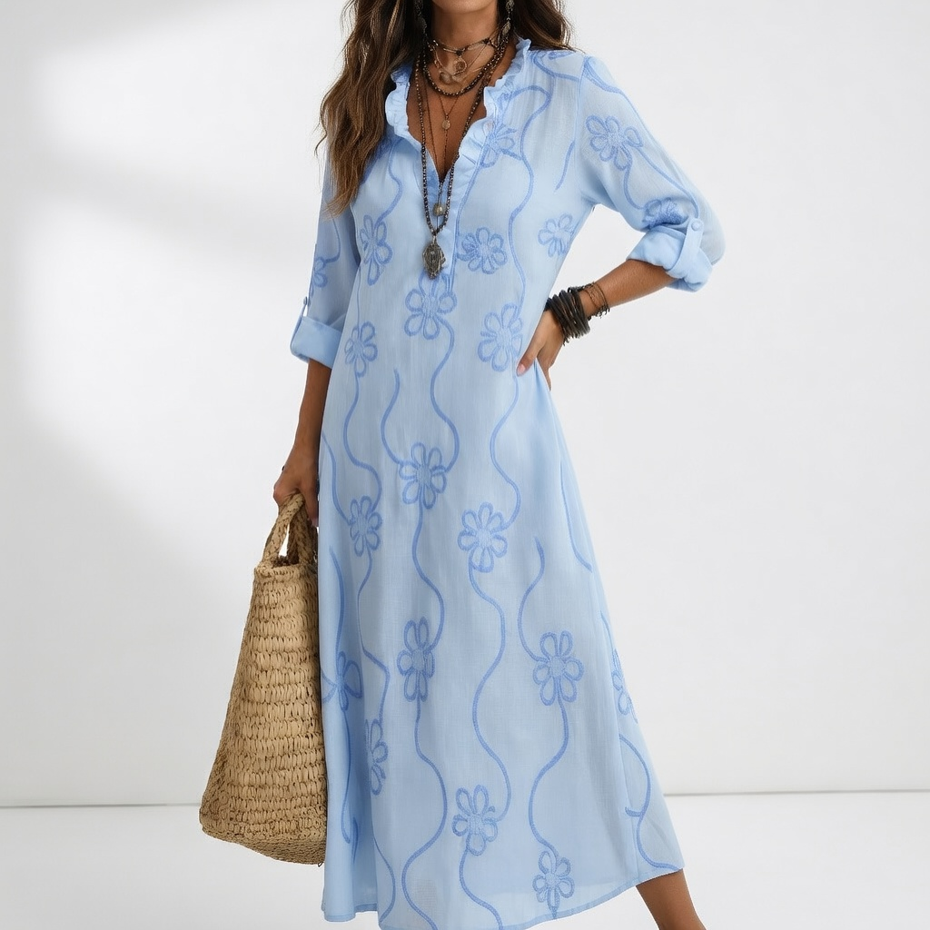 Clairette™ — Robe maxi chemise col V manches longues élégance intemporelle