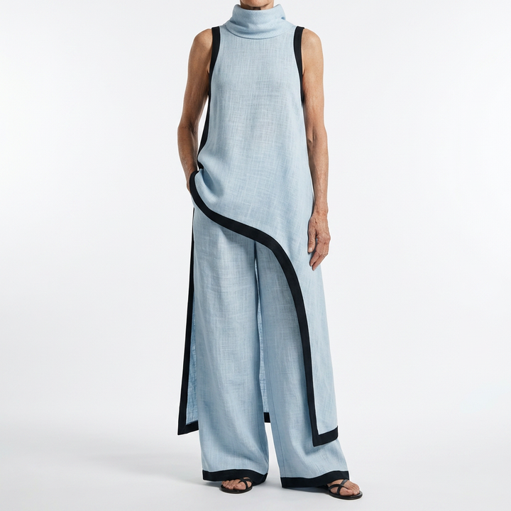 Angélique™ — Robe longue bicolore liseré contraste élégance minimaliste
