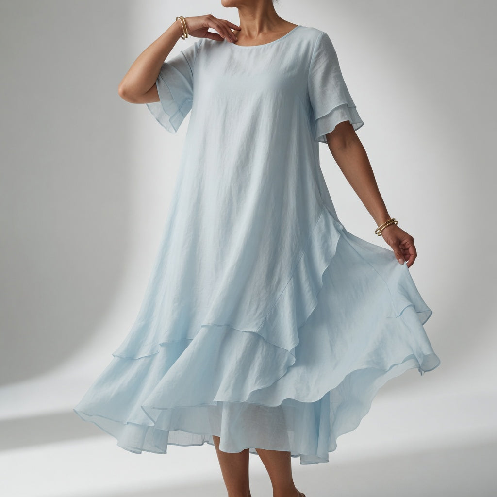 Stratéline™ — Robe midi superposée manches courtes ourlet asymétrique