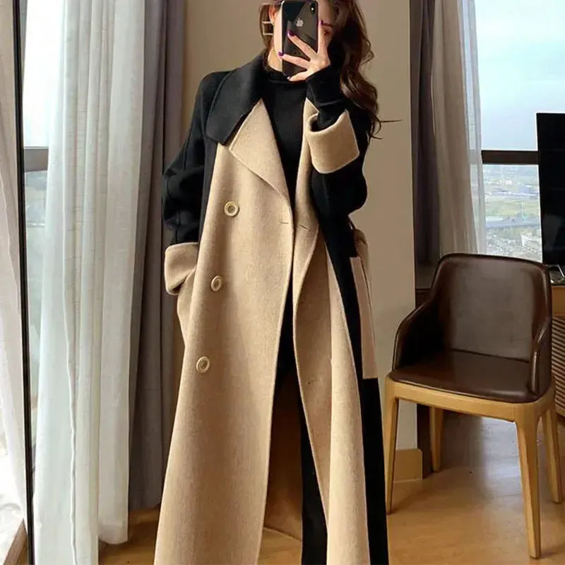Manteau long Calista – Contraste camel et noir