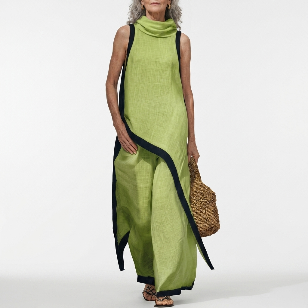 Angélique™ — Robe longue bicolore liseré contraste élégance minimaliste