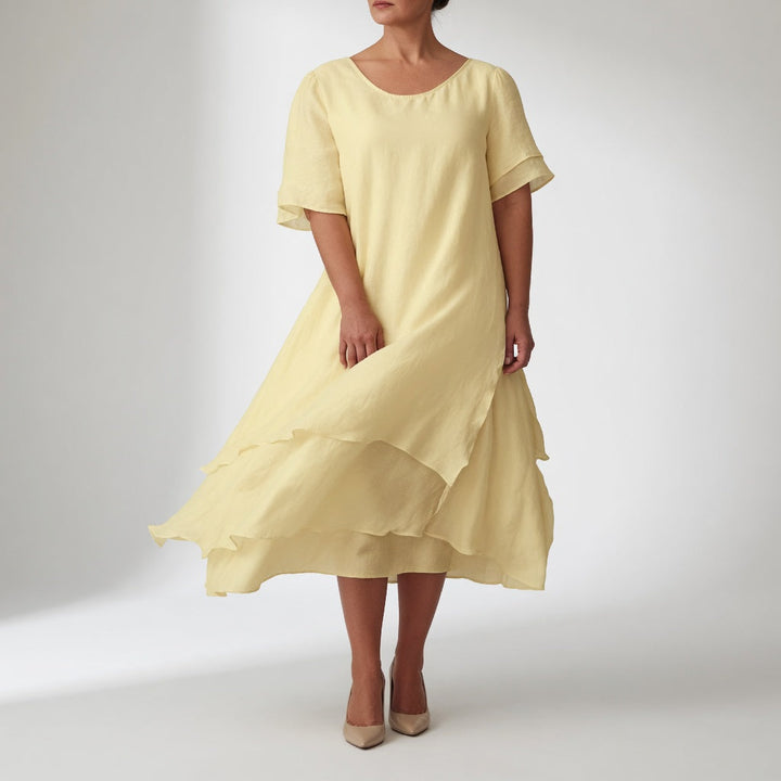 Stratéline™ — Robe midi superposée manches courtes ourlet asymétrique