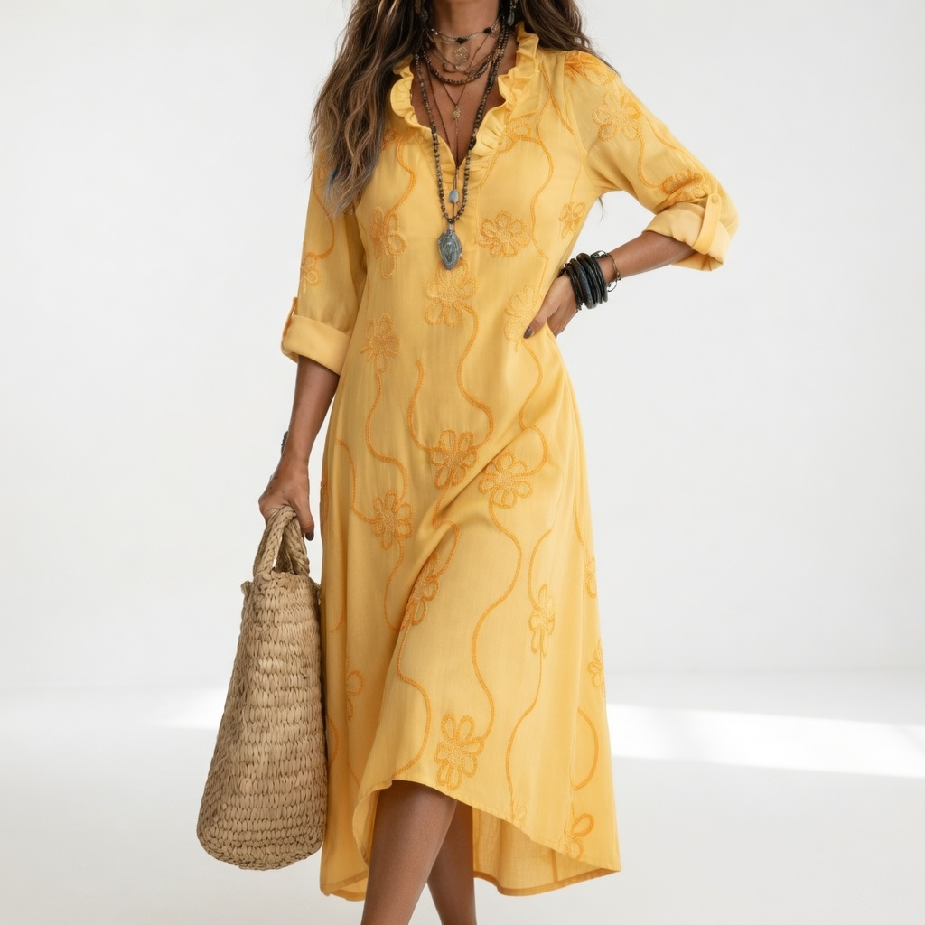 Clairette™ — Robe maxi chemise col V manches longues élégance intemporelle