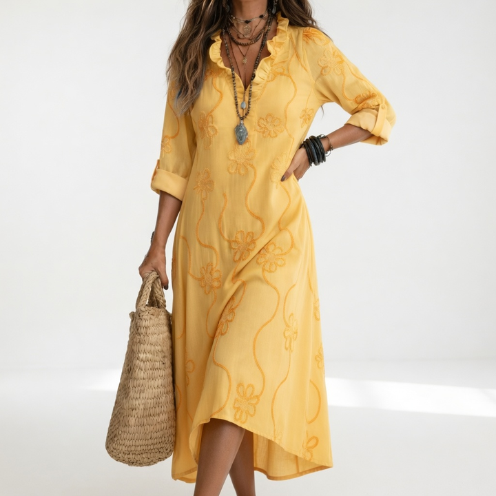 Clairette™ — Robe maxi chemise col V manches longues élégance intemporelle
