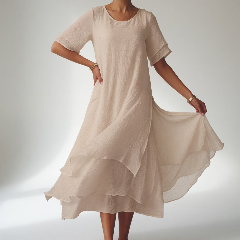 Stratéline™ — Robe midi superposée manches courtes ourlet asymétrique