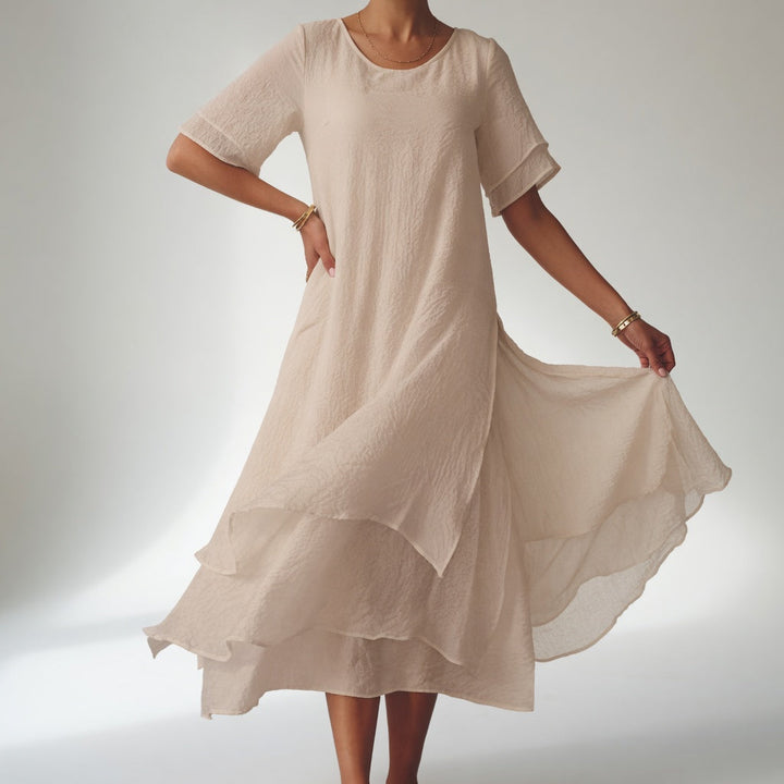 Stratéline™ — Robe midi superposée manches courtes ourlet asymétrique