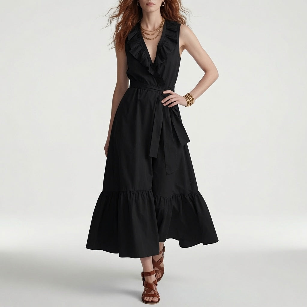 Frênaie™ — Robe maxi col V volants ceinture élégante