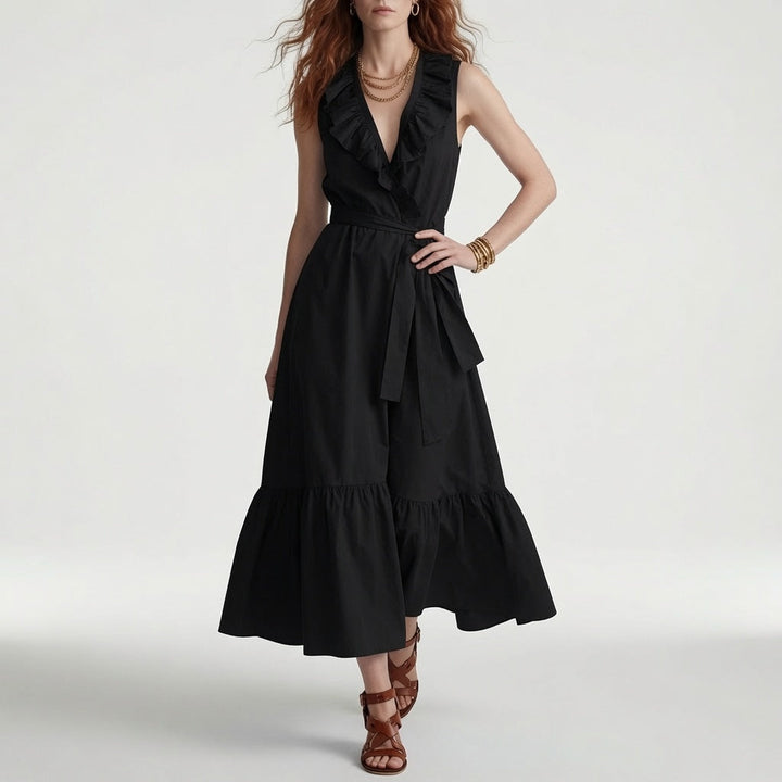 Frênaie™ — Robe maxi col V volants ceinture élégante