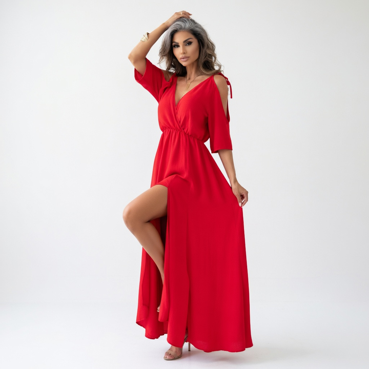 Cyriane™ — Robe maxi col V plongeant manches papillon fente élégance vibrante