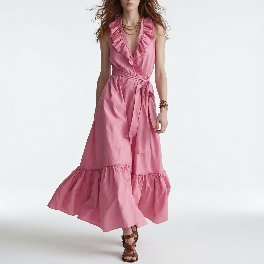 Frênaie™ — Robe maxi col V volants ceinture élégante