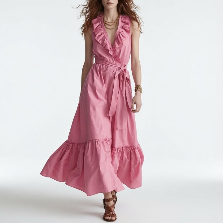 Frênaie™ — Robe maxi col V volants ceinture élégante