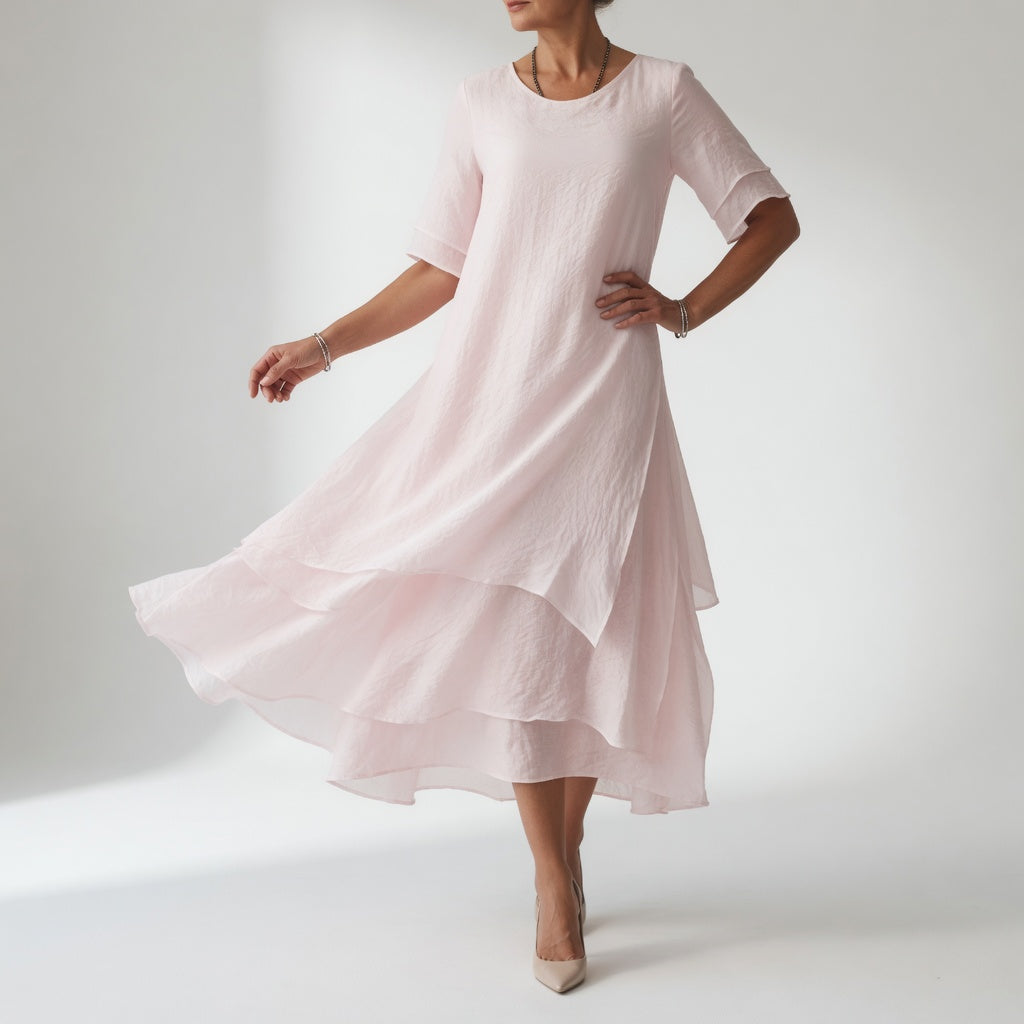 Stratéline™ — Robe midi superposée manches courtes ourlet asymétrique