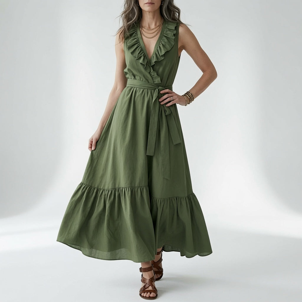 Frênaie™ — Robe maxi col V volants ceinture élégante