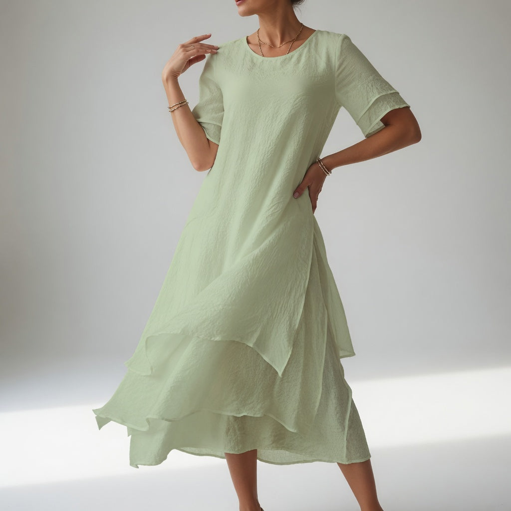 Stratéline™ — Robe midi superposée manches courtes ourlet asymétrique