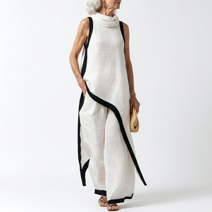 Angélique™ — Robe longue bicolore liseré contraste élégance minimaliste