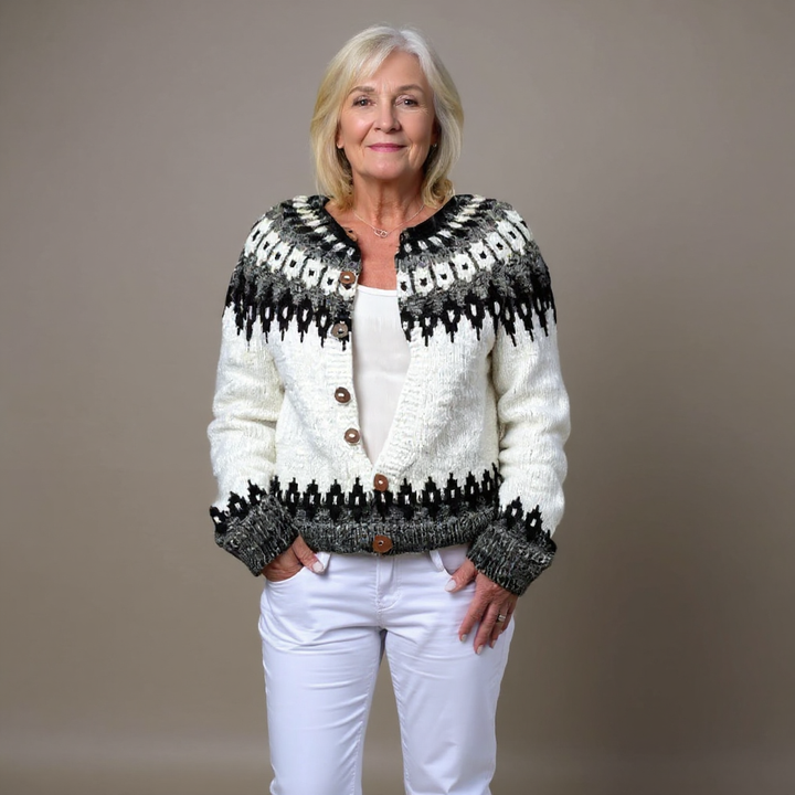 Bérénice Cardigan – Maille folk noir et écru