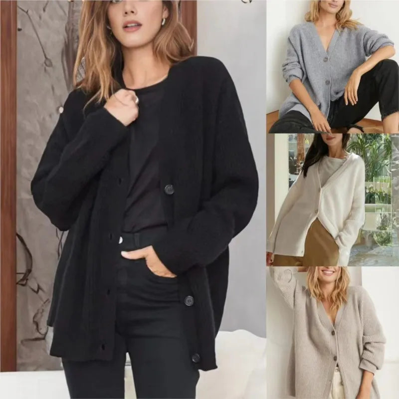 Cardigan Femme Col V Oversize Tricot Épais Casual Hiver