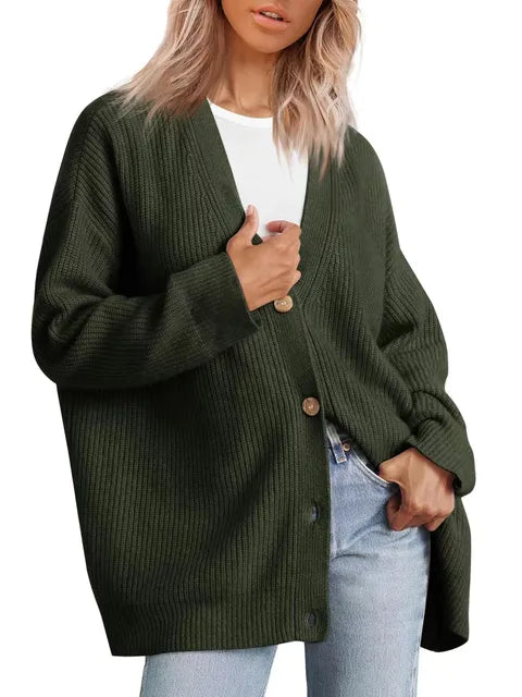 Cardigan Femme Col V Oversize Tricot Épais Casual Hiver