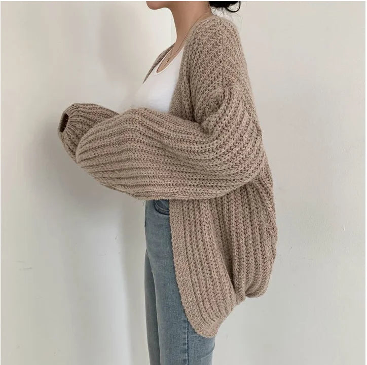 Cardigan Femme Oversize Tricoté Grosse Maille Manches Bouffantes Style Coréen Automne Hiver