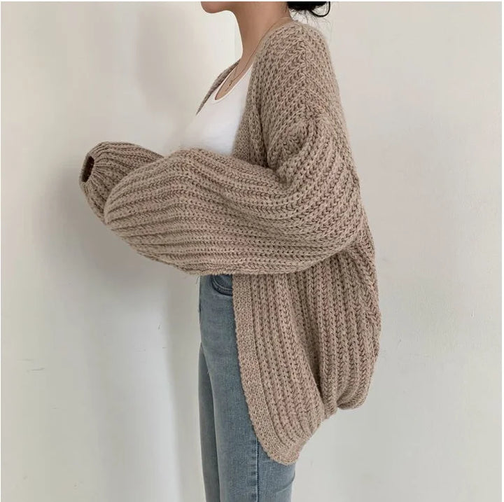 Cardigan Femme Oversize Tricoté Grosse Maille Manches Bouffantes Style Coréen Automne Hiver