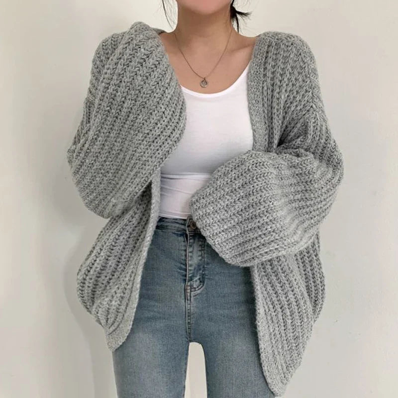 Cardigan Femme Oversize Tricoté Grosse Maille Manches Bouffantes Style Coréen Automne Hiver