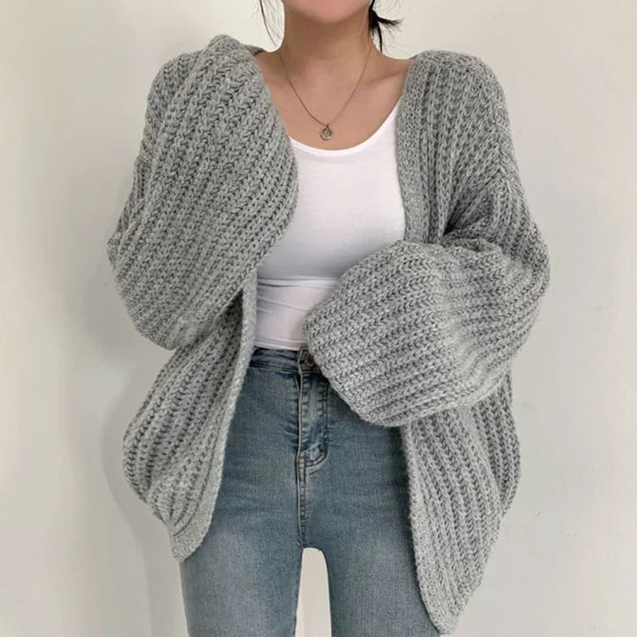 Cardigan Femme Oversize Tricoté Grosse Maille Manches Bouffantes Style Coréen Automne Hiver
